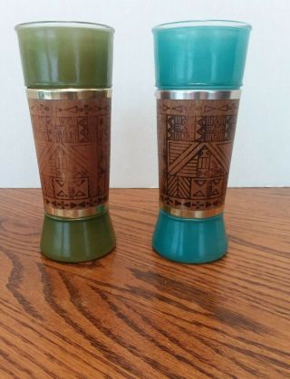 Siestaware Vintage Bamboo Mid Century Tiki Bar Glasses 2 Tumblers Aqua And Green
