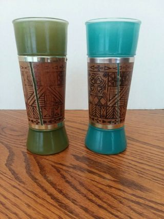 SiestaWare Vintage Bamboo Mid Century Tiki Bar Glasses 2 Tumblers Aqua and Green 2