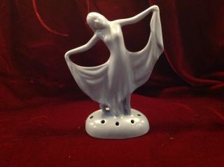 Vintage Blue Pottery Deco Dancing Girl Flower Frog Draped Nude 8 " Tall No Mark