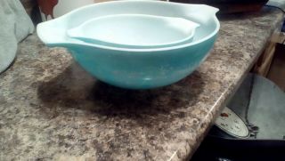 Vintage Pyrex Turquoise Butterprint Cinderella Mixing Bowls 442 & 444