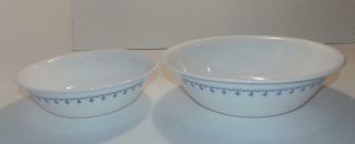 2 Vintage Corelle Blue Snowflake Garland Serving Bowls Rare 10 1/4 " & 8 1/2 "