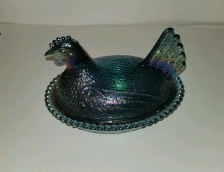 5 X7 Indiana Glass Blue Iridescent Carnival Glass Chicken Hen On Nest Candy Dish