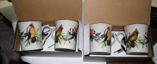Lenox Winter Greetings Set Of 4 Porcelain Mugs 2 Cardinals & 2 Cedar Waxwing