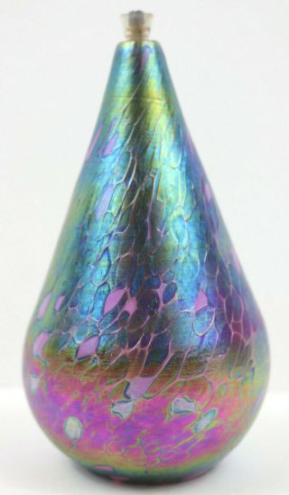 Vintage 1994 Hand Blown Iridescent Blue Swirled Studio Art Glass Oil Lamp Signed