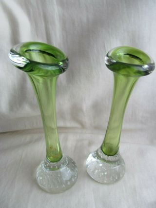 Pair Green Italian Glass Bud Vases With Controlled Bubbles Hand Blown Vintage