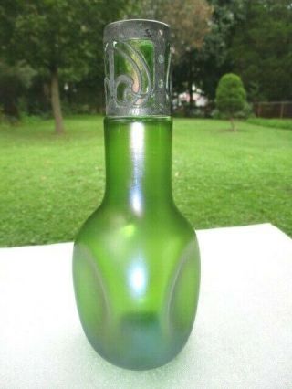 Art Nouveau Kralik Loetz Iridescent Green Dimple Vase Bottle Silver Necklace