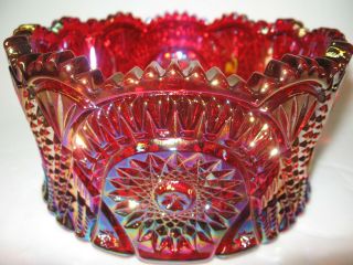Ruby Red Iridescent Carnival Glass Serving Candy Bowl Diamond Pattern Royal Art