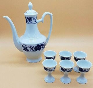 Chinese Blue White Flower Porcelain Wine Spirit Pot Vessel Mini Cup Chalice Set
