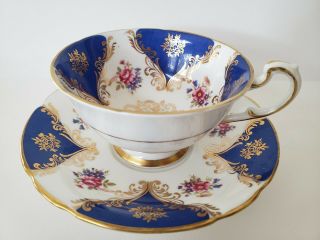 PARAGON cobalt blue floral VINTAGE bone china teacup & saucer 3