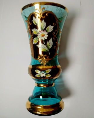 Vintage Bohemian Peacock Blue Vase Gold Gilt Hand Painted Czech 8.  25 Inches