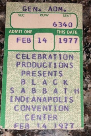 1977 Valentine’s Day Black Sabbath Concert Ticket Stub Indy In 2/14/77 Ozzy