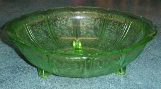 Jeannette Cherry Blossom Green Depression Glass Footed Serving Bowl -