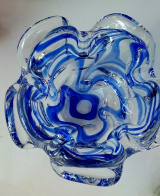 Hand Made Murano Blue & Clear Heavy Glass Bowl Approx 5.  5 " Wide