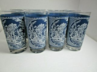 Set Of 8 Currier & Ives Royal China Blue And White Tumbler Glasses 12 Oz