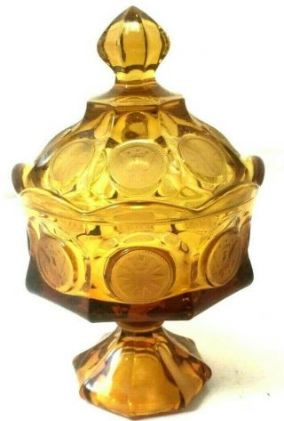 Fostoria Coin Glass Amber Covered Compote Wedding Dish 1887 Eagle Torch Etched