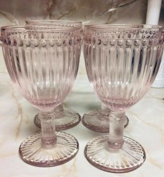 Set Of (4) Vintage Pink Color Wine Glasses Goblets W/ Retro Stripe Pattern