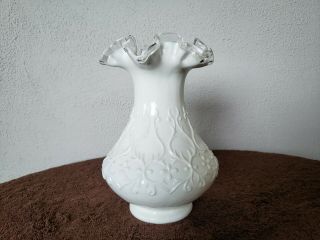 Fenton Spanish Lace Milk Glass Vase With Clear Glass Trimmed Ruffled Edge,  Label