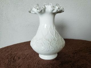 Fenton Spanish Lace Milk Glass Vase with Clear Glass Trimmed Ruffled Edge,  Label 2