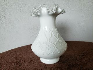 Fenton Spanish Lace Milk Glass Vase with Clear Glass Trimmed Ruffled Edge,  Label 3