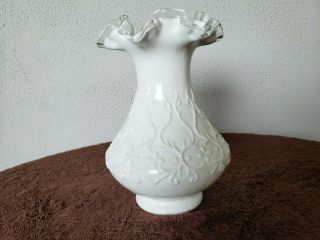 Fenton Spanish Lace Milk Glass Vase with Clear Glass Trimmed Ruffled Edge,  Label 4