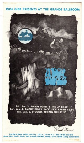 72b 1 3 - 5 1969 Amboy Dukes Stooges Russ Gibb Grande Ballroom Handbill Postcard