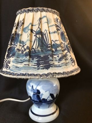 Adorable Small Vintage Delft Blue Lamp With Fabric Shade