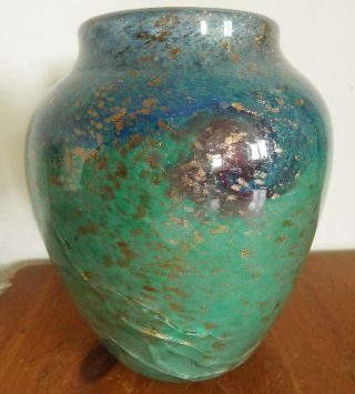 Vintage Scottish Glass Large Vase Monart Blue Green Gold Aventurine - Cracked -