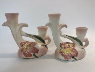 Vintage Camark Pottery Pair Iris Decorated Double Candlestick Holders