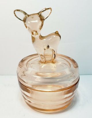Jeanette Pink Depression Glass Deer Fawn Covered Lidded Dish 6 " Tall Vintage