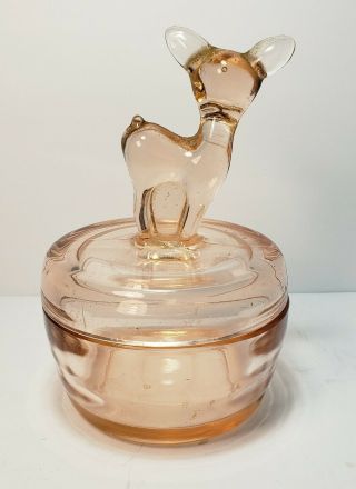 Jeanette Pink Depression Glass Deer Fawn Covered Lidded Dish 6 