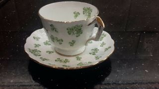 Vintage Aynsley England Bone China Green Shamrock Clover Swirl Tea Cup & Saucer