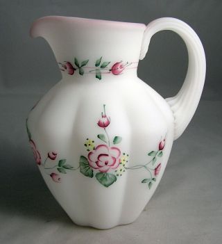 Fenton White Satin Glass Hand Painted Signed Creamer Pitcher Rose Flowers Exc