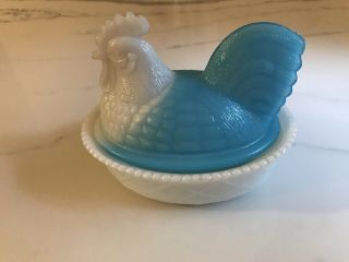 Glass Hen On Nest Covered Dish White Chicken Basket And Head And Blue Hen Body