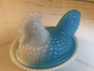 Glass Hen on Nest Covered Dish White Chicken Basket and Head and Blue Hen Body 2