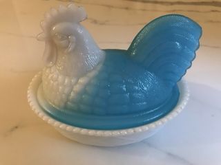 Glass Hen on Nest Covered Dish White Chicken Basket and Head and Blue Hen Body 4