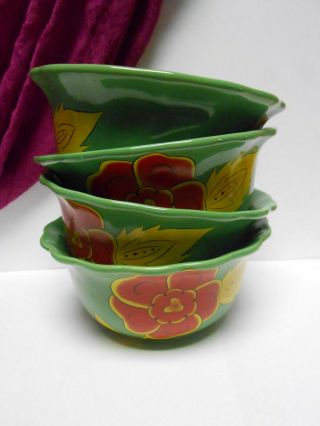 Set Of Four [4] Rare Temptations Green Flower Cereal Bowls 5 3/4 " X 2 3/4 "