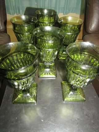 Vintage Indiana Glass Green Mt.  Vernon 6 " Tall Square Footed Goblets Set Of 6
