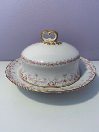 Limoges By William Guerin W Pink Rose Round Covered Butter Cheese Dish Gold Rim