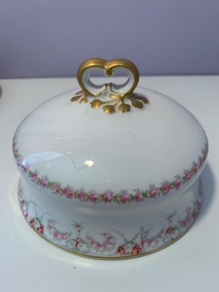 Limoges By William Guerin w Pink Rose Round Covered Butter Cheese Dish Gold Rim 3