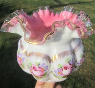 Stunning Fenton Silvercrest 6 " Pink White Milk Glass Hand Painted Gold Rose Bowl