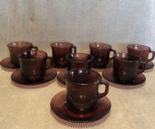 Vintage Amethyst Purple Glass Coffee Mug Cup /saucer Made In Mexico (set Of 8)