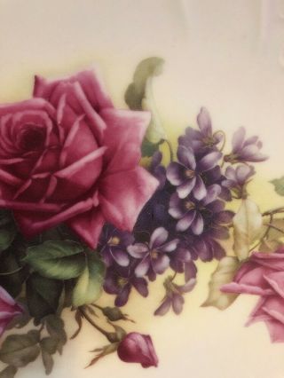 Antique Vintage Signed Porcelain Pink Roses Lilacs Oval Bowl