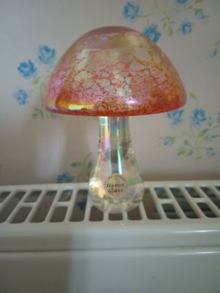 Heron Glass Iridescent 4 Inch Tall Pink Gold Mushroom Paperweight With Label Vgc