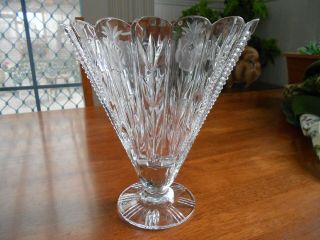 Vintage Cut Lead Crystal Fan Shaped Vase 21.  5cm Flower Design Heavy Base
