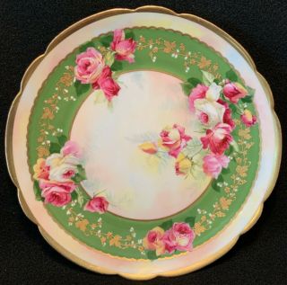 Antique Coronet Limoges Hand Painted & Enameled Gilt Roses Cabinet Plate - 9 "