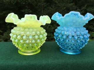 2 Vintage Opalescent Fenton Hobnail Vases Canary Yellow And Blue