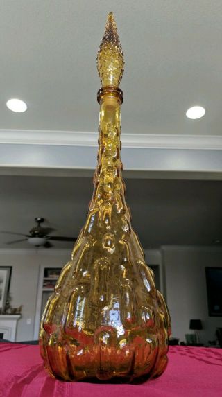 Vintage Amber Gold Italian Glass Empoli Hobnail Genie Bottle Decanter 21.  5 " Mcm