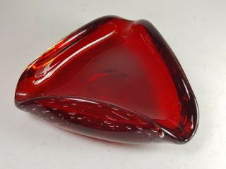 Retro Vintage Murano - Triangular Red Controlled Bubble Art Glass Ash Tray Bowl