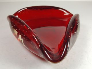 RETRO VINTAGE MURANO - TRIANGULAR RED CONTROLLED BUBBLE ART GLASS ASH TRAY BOWL 4