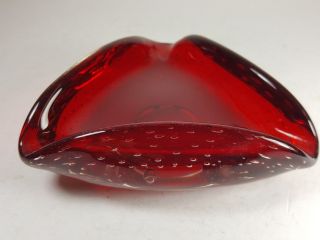 RETRO VINTAGE MURANO - TRIANGULAR RED CONTROLLED BUBBLE ART GLASS ASH TRAY BOWL 5